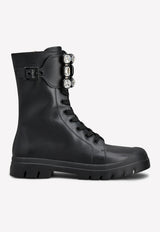 Roger Vivier Walky Viv' Strass Buckle Lace-Up Boots in Leather Black RVW62832370Q7PB999 B999