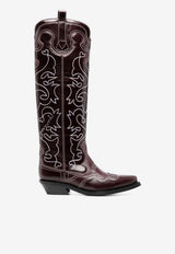 GANNI Embroidered Leather Western Knee-High Boots Bordeaux S2061436_55242