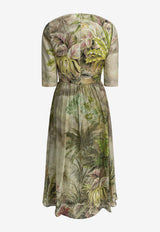 Elie Saab Safari Print Linen and Silk Midi Dress Green D0637PS25LI003OASIS_81084