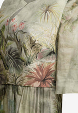 Elie Saab Safari Print Linen and Silk Midi Dress Green D0637PS25LI003OASIS_81084