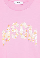 MSGM Kids Girls Floral Logo Beaded T-shirt Pink S5MSJGTH105_PINK
