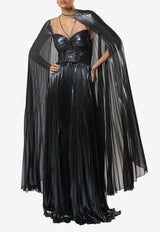 Zeena Zaki Pleated Metallic Maxi Dress SS25-06-NVY Navy