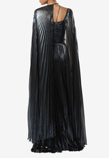 Zeena Zaki Pleated Metallic Maxi Dress SS25-06-NVY Navy