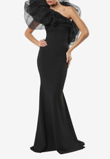 Zeena Zaki One-Shoulder Organza Maxi Dress SS25-10-BLK Black
