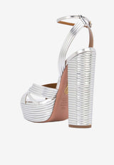 Aquazzura Sundance 140 Metallic Leather Platform Sandals Silver SUDHIGS0-LAMCCC SILVER