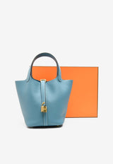 Picotin 18 in New Bleu Jean Clemence Leather with Gold Hardware