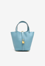 Picotin 18 in New Bleu Jean Clemence Leather with Gold Hardware