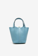 Picotin 18 in New Bleu Jean Clemence Leather with Gold Hardware