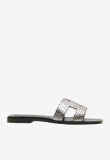 Oran H Cut-Out Sandals in Gris Argente Metallic Alligator Leather