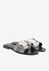 Oran H Cut-Out Sandals in Gris Argente Metallic Alligator Leather