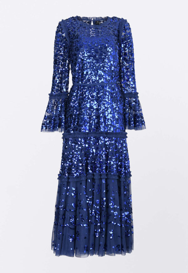 Needle & Thread Annie Sequin Embellished Tiered Gown Blue DG-LS-31-RPS24-INKBLUE