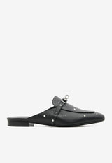 Oz Flat Mules in Black Calfskin with Medor Studs and Palladium Kelly Buckle
