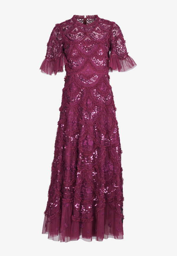 Needle & Thread Sequin-Embellished Ruffle Gown DG-SS-78-RCR24-PLMBURGUNDY