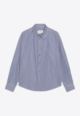 AMI PARIS Logo Embroidered Striped Long-Sleeved Shirt Blue USH766CO0133/R_AMI-4901