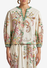 Etro Floral Print V-neck Poplin Blouse Cream WRJA0088-99SP5B9 X0802