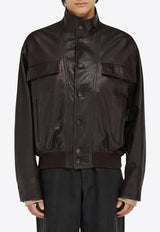 Ferragamo High-Neck Grained Leather Jacket Dark Brown 144494 B 783255 DARK BROWN