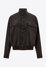 Ferragamo High-Neck Grained Leather Jacket Dark Brown 144494 B 783255 DARK BROWN