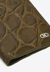 Ferragamo Gancini Croc-Embossed Leather Cardholder Green 661452 MICRO GANCIO 779916 NEW OLIVE