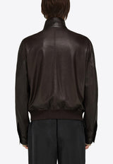 Ferragamo High-Neck Grained Leather Jacket Dark Brown 144494 B 783255 DARK BROWN