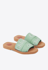 Chloé Woody Logo Embroidered Flat Slides Green CHC23U188EF33B Spearmint