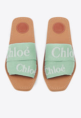 Chloé Woody Logo Embroidered Flat Slides Green CHC23U188EF33B Spearmint