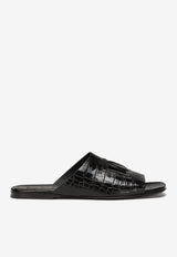 Dolce & Gabbana Pantheon Slides in Croc-Embossed Leather Black A80272 AC606 80999