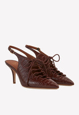 Alessandra 70 Croc-Embossed Slingback Pumps in Nappa Leather Malone Souliers Brown ALESSANDRA 70-10 MAHOGANY/MAHOGANY