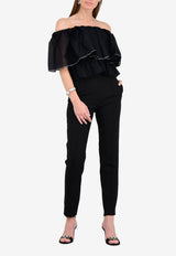 توب مكشكش مزين بالكريستال بأكتاف متدلية