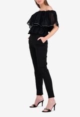 توب مكشكش مزين بالكريستال بأكتاف متدلية