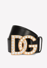 Dolce & Gabbana Rhinestones and Pearls Embellished DG Logo Belt Black BE1446 AQ339 8S574