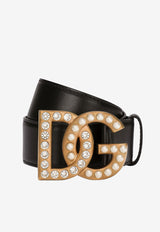 Dolce & Gabbana Embellished DG Logo Buckle Belt in Calf Leather BE1576 AQ339 8S574 Black
