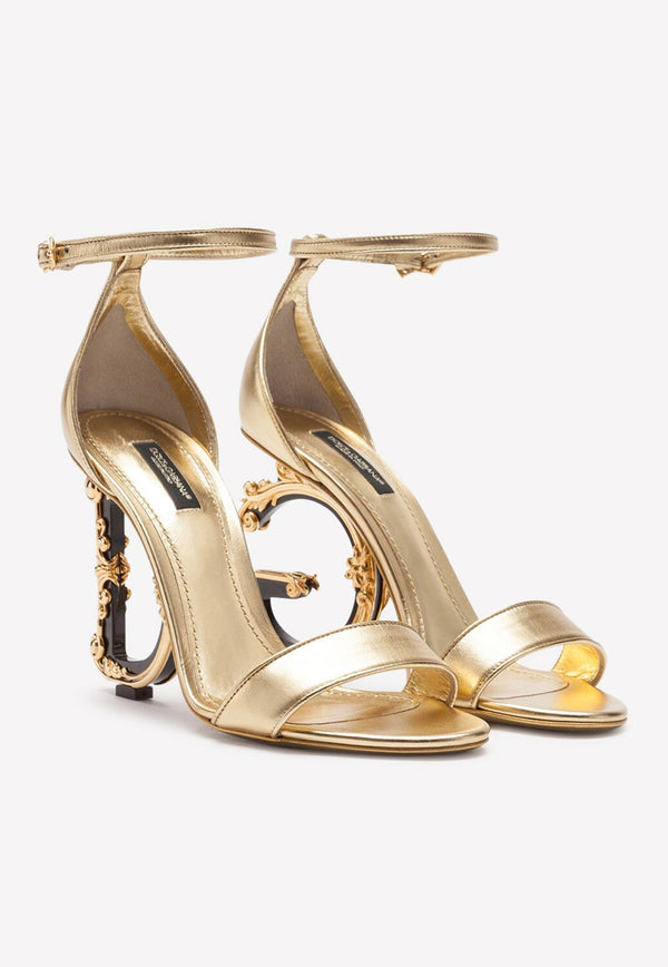 Dolce & Gabbana Keira 105 DG Baroque Heel Sandals in Metallic Leather Gold CR0739 A1016 89869