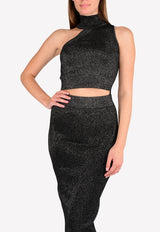 One-Shoulder Mock Neck Metallic-Knit Crop Top