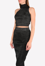 One-Shoulder Mock Neck Metallic-Knit Crop Top