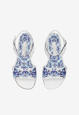 Dolce & Gabbana Kids Girls Majolica Print Leather Sandals White D10935 AC113 HA3OB