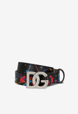 Dolce & Gabbana Kids Boys DG Logo Color Splash Print Belt in Calf Leather Black EC0076 AY395 HN3AY
