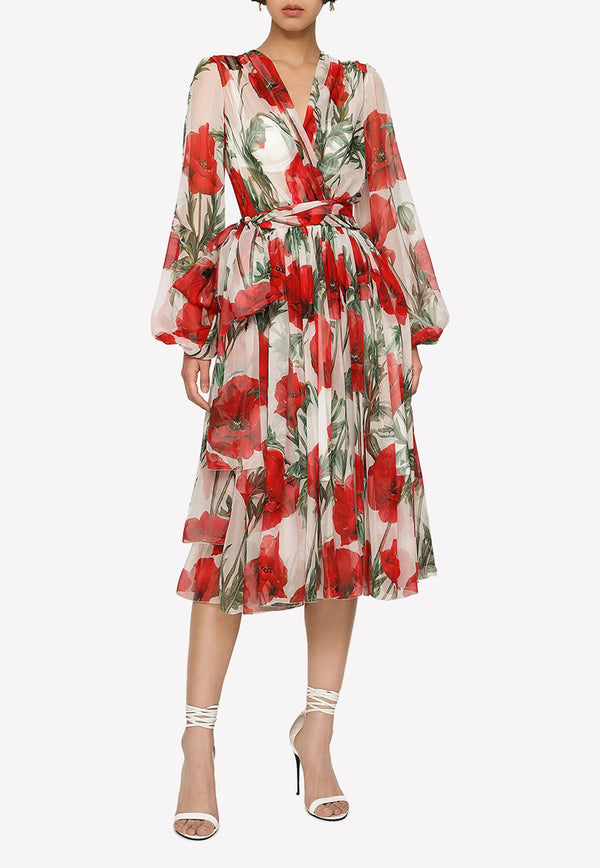 Poppy Print Chiffon Midi Dress Dolce & Gabbana F6AWHT IS1P1 HA3VN