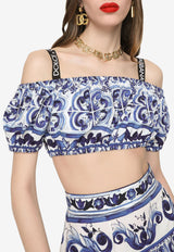 Dolce & Gabbana Majolica Print Off-Shoulder Cropped Top F755RT HH5BA HA3TN Blue