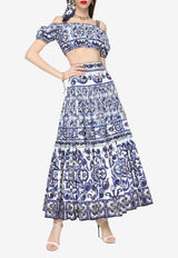 Dolce & Gabbana Majolica Print Off-Shoulder Cropped Top F755RT HH5BA HA3TN Blue