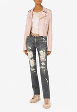 Dolce & Gabbana Leather Biker Zip-Up Jacket Pink F9M11L GDAK0 M0422