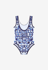Dolce & Gabbana Kids Girls Majolica Print One-Piece Swimsuit Blue L5J812 G7EW6 HX3TN