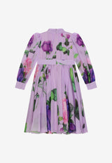 Dolce & Gabbana Kids Girls Rose Print Georgette Midi Dress Lilac L5SDL3 G7D6N HP3ZO