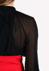 Pussy-Bow Collar Sheer Silk Shirt