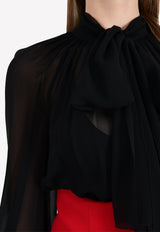 Pussy-Bow Collar Sheer Silk Shirt