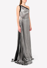 Pleated Lamé One-Shoulder Side Slit Dress