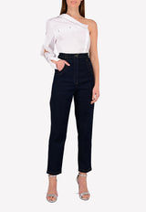 جينز بخصر مرتفع وساق مستقيمة مع درزات بلون مُغاير