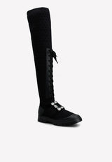 Walky Viv' Strass Buckle Knee-High Boots in Fabric and Leather Roger Vivier RVW62833680ERIB999 Black