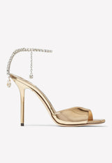 Jimmy Choo Saeda 100 Metallic Sandals with Crystal Chain Gold SAEDA SANDAL 100 BAQ GOLD/CRYSTAL HONEY