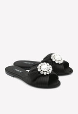 Dolce & Gabanna Bianca Crystal Buckle Satin Flat Sandals Black CQ0293 A7630 80999