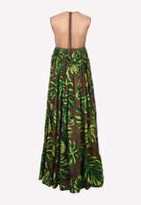 Dolce & Gabbana Leaf Print Pleated Sheer Maxi Dress Green F6J0TZ FI1X5 HM1RX